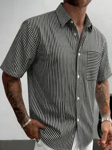 Men's Casual Striped Loose-Fitting Short Sleeve Shirt, Perfect for Daily Wear, Vacation, Outdoor Activities, Beach Holiday