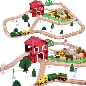 77PCS Wooden Train Set Magnetic Trains and Railway Farm Accessories for Kids Toddlers Toys