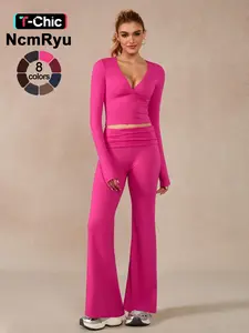 Women's Patchwork High Elastic Deep V-Shaped Collar Detachable Chest Pad Long Sleeve Oblique Waist Slim Fit Flared Pants Yoga Clothes, Fitness Suit, Athleisure Wear Set, Activewear Workout Set
