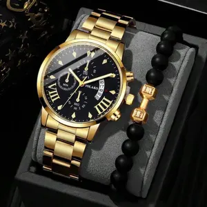 2/3 Piece Set Men's Watch Set Men's Fashion Business Steel Belt Scale Dial Quartz Watch Bracelet Set Men's Accessories Father's Day Gift Jewelry