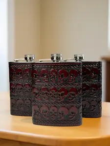Leather Hip Flask Scull Western Tooled Genuine Leather wrapped flask leather gift for her him anniversary leather gift