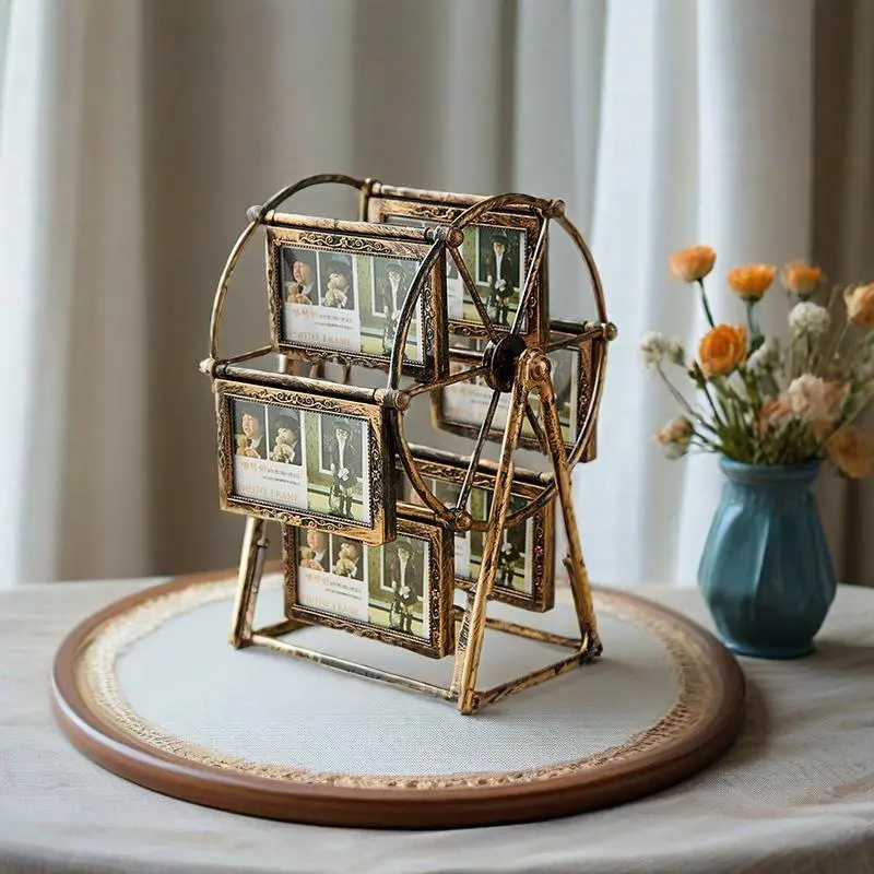 Vintage Ferris Wheel Rotating Photo Frame Stand, Kids Room Home Office Dorm School Desk DIY Decor, Classic Rectangular Picture Frame