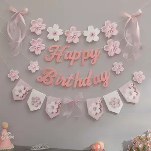 Cherry Blossom Birthday Party Decorations, Wall Banner with Butterfly Knots and Letter Flags, Perfect for Celebrations