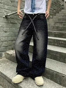 Men’s Gradient Black Sparkle Rhinestone Wide-Leg Jeans, Vintage Stone-Washed Y2K High Street Boyfriend Style Pants for Streetwear