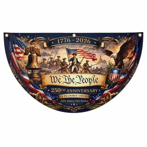 Half-Circle Patriotic Stars and Stripes Hangable Semicircle Flag Bunting Banner - Lightweight Weatherproof Vibrant Polyester Party Decor, 1776-2026 US 250th Anniversary Soldier & Eagle Graphic Print, for Home Outdoor Porch Independence Day Display