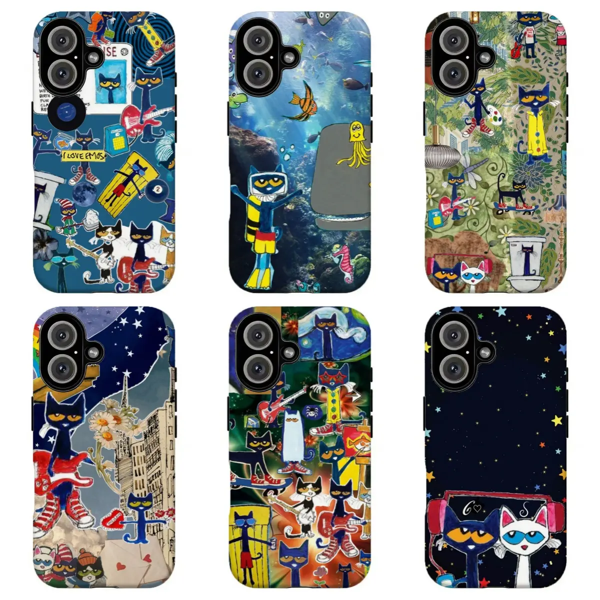 FL-Pete the Cat Groovy Collage Custom Smartphone Case - Whimsical Protective Handheld Cellphone Cover for iPhone 11-17 Air Pro Max, for Samsung S21-S26 Devices, Fan Gift, Mobile Accessory Shell