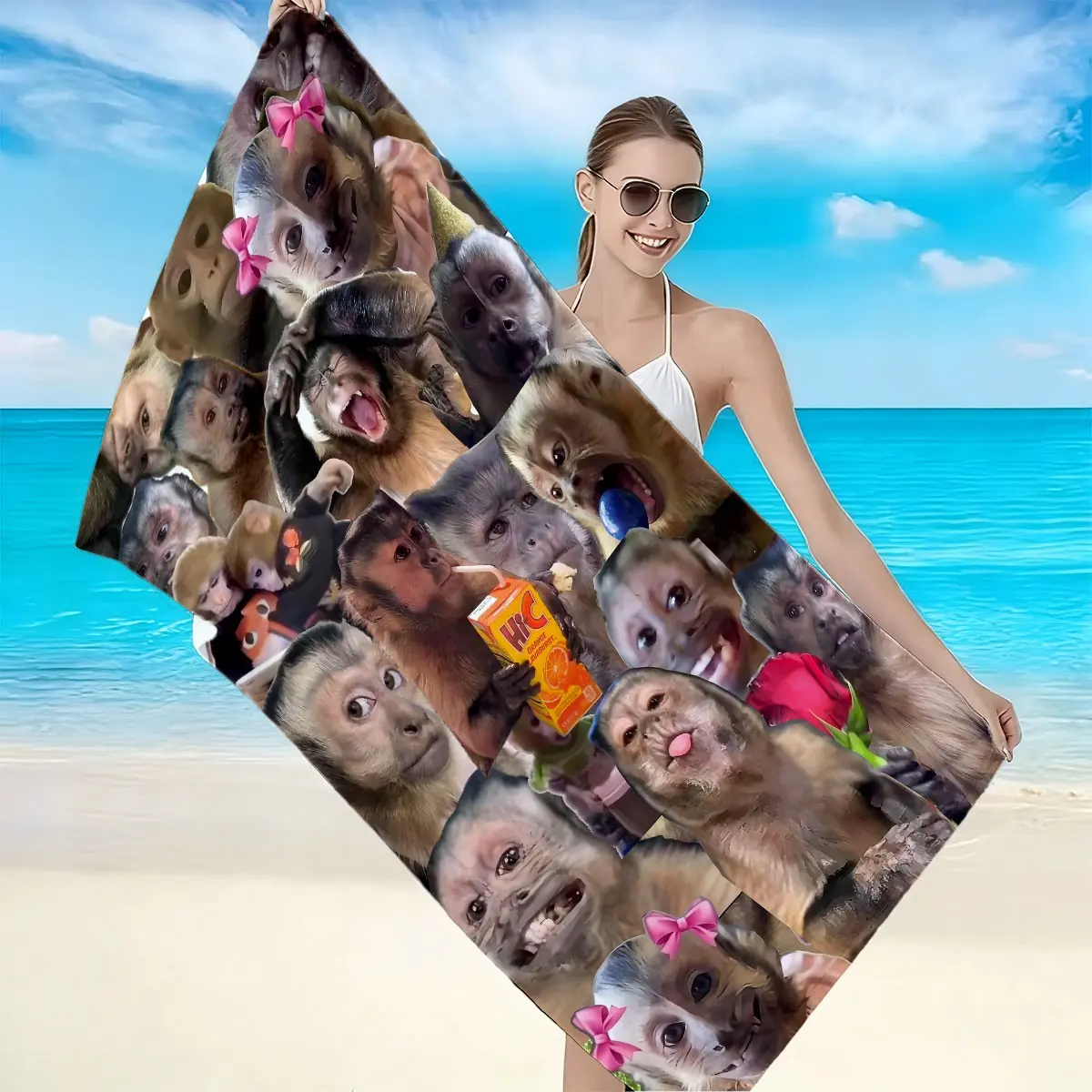 Funny Monkey Patchwork Beach Towel, High-Weight Quick-Dry Fabric, Soft Skin-Friendly, Absorbent, Anti-Wrinkle, Reusable, Perfect Gift