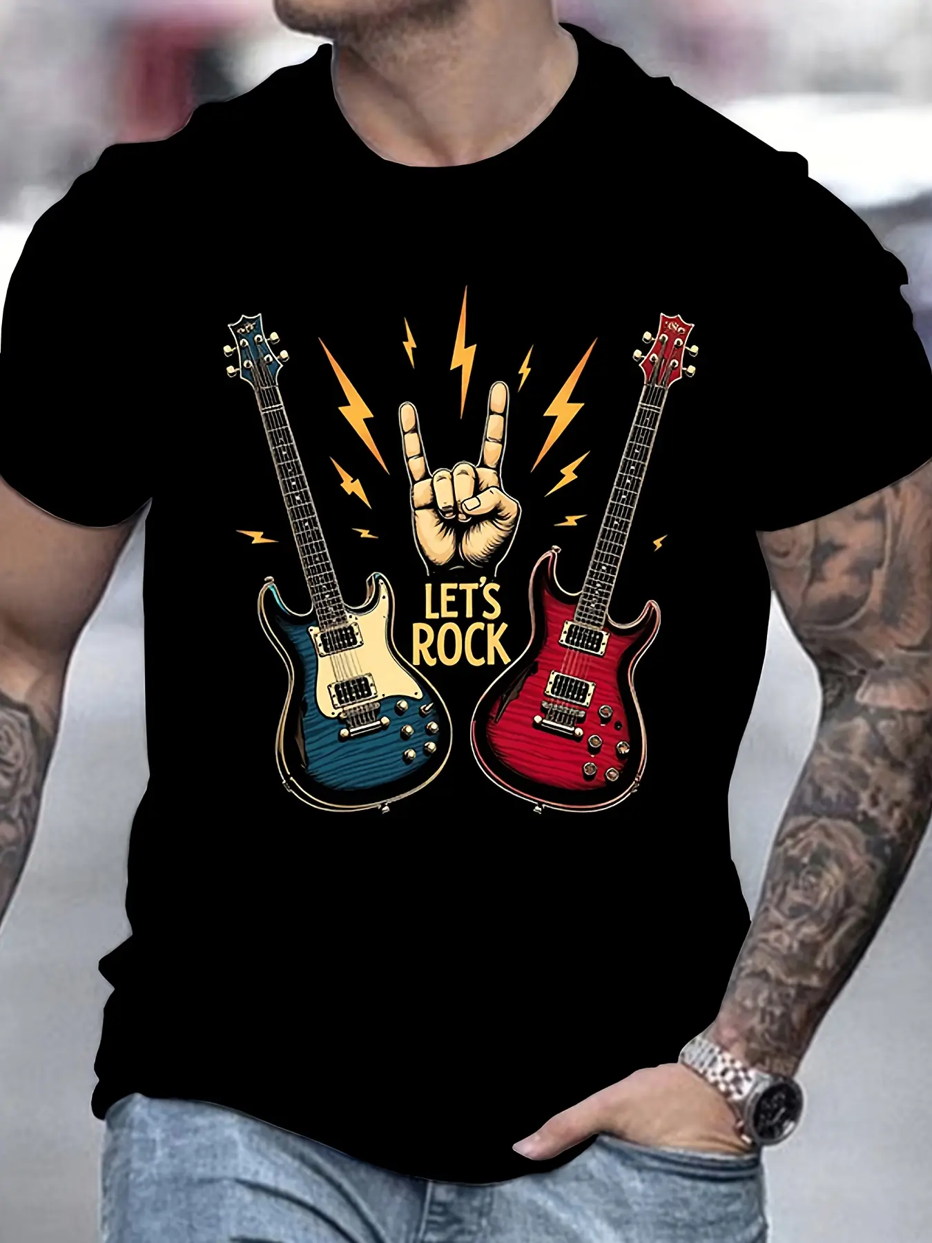 [Guitar Print] Men's Casual Let's Rock Guitar Prin unisex soft cotton short sleeve t shirt, vintage graphic casual tee for men women teens, perfect birthday holiday gift for camping travel gym daily street  wear
