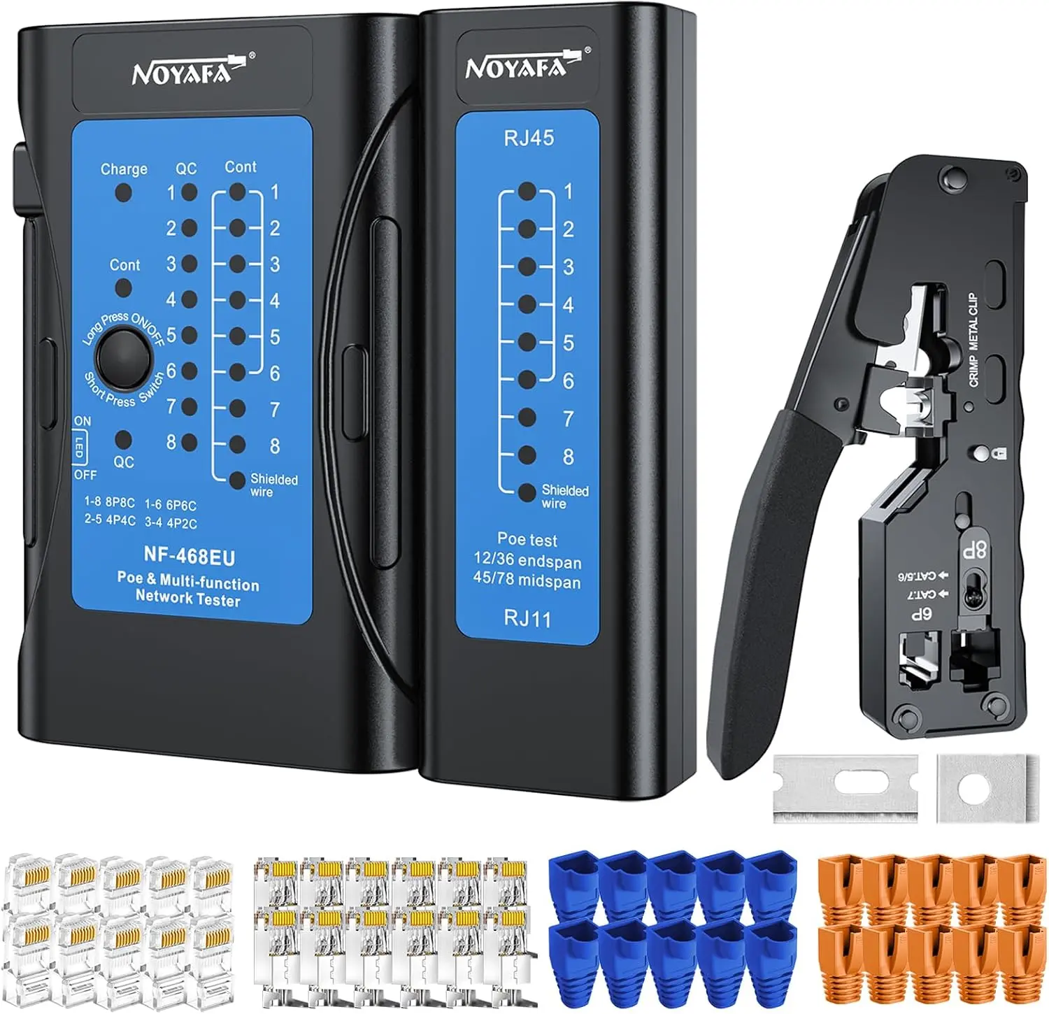 NOYAFA NF-468EU Crimping Tool Kit with Built-in Li-ion, USB-C Charge Network Cable Tester, RJ45 Pass-Through Crimper, POE Tester for Cat7, Cat6, Cat5e Ethernet Cables