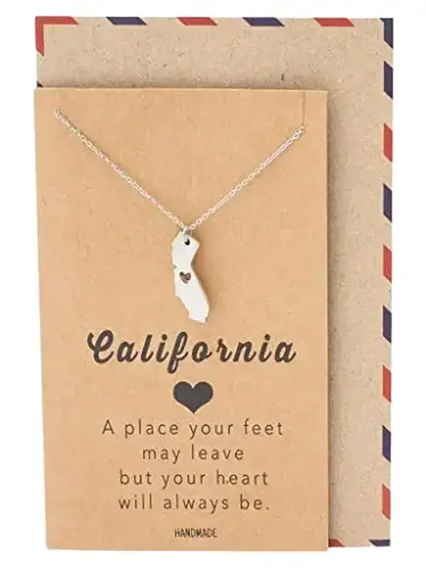 Quan Jewelry Non Tarnish California State Necklace - Handmade California Map Pendant, Personalized Initials Kawaii Pendants, Love-Infused Daily Long Inspirational Necklace with Greeting Card (Silver Tone), Non Tarnish Necklace