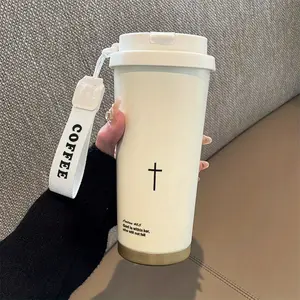 Simple Religious Pattern Coffee Cup, 530ML Insulated Travel Mug Tumbler with Straw and Lid, Stainless Steel Vacuum Flask for Hot/cold Drinks
