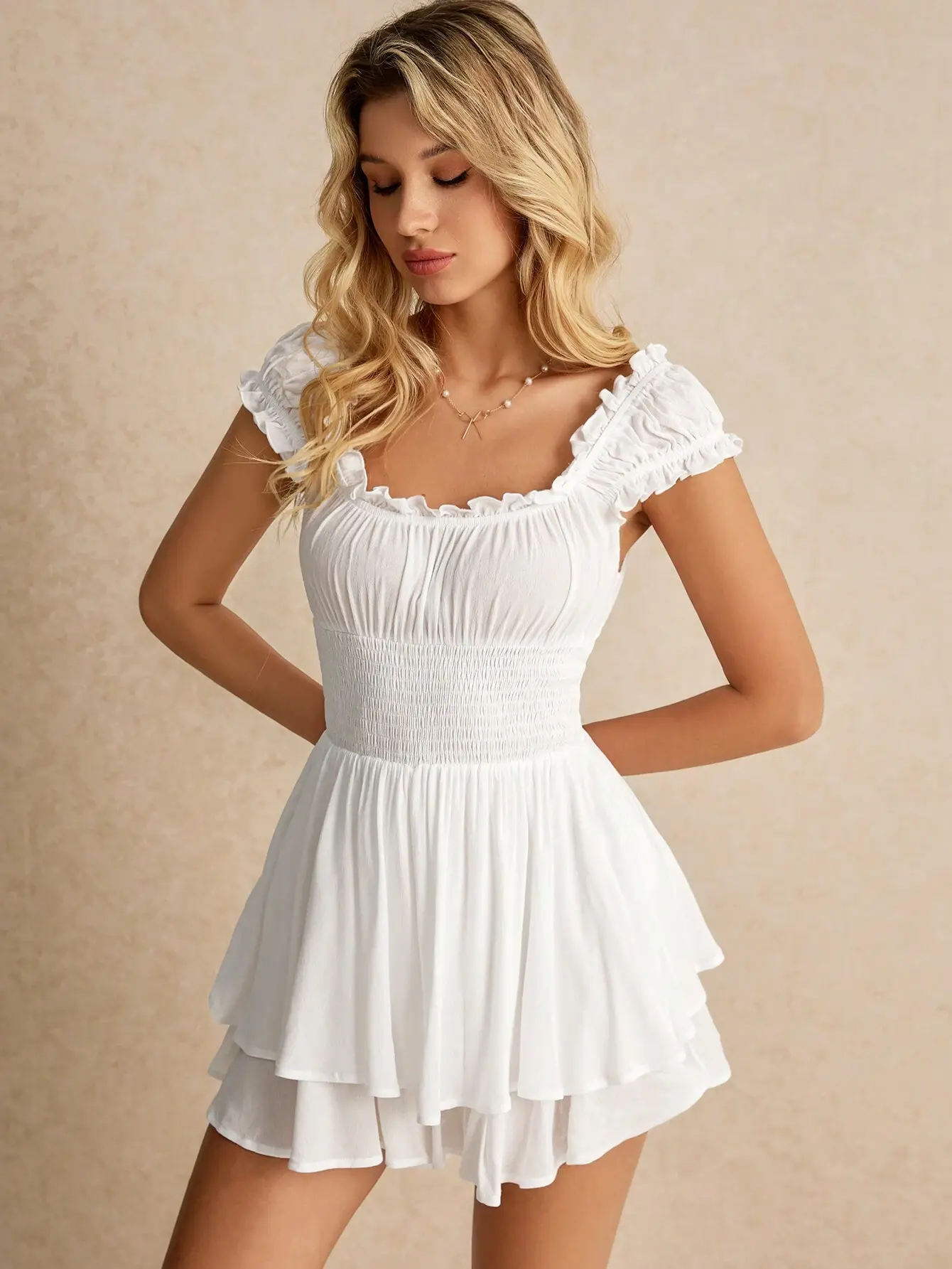 LALUZ Women's White Woven Polyester Fabric Overalls - Shirred Cinched Waist, Ruffle Details, Cottage Core Summer Vacation Casual Romper for Graduation Tea Party (Women's Clothes)