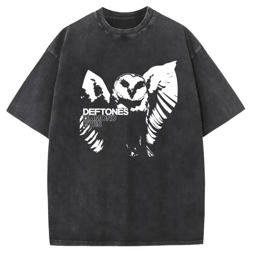 Unisex Acid Wash Cotton Short-Sleeve T-Shirt, Oversized Drop Shoulder Loose Fit Top with Vintage Owl Graphic Print for Casual Streetwear