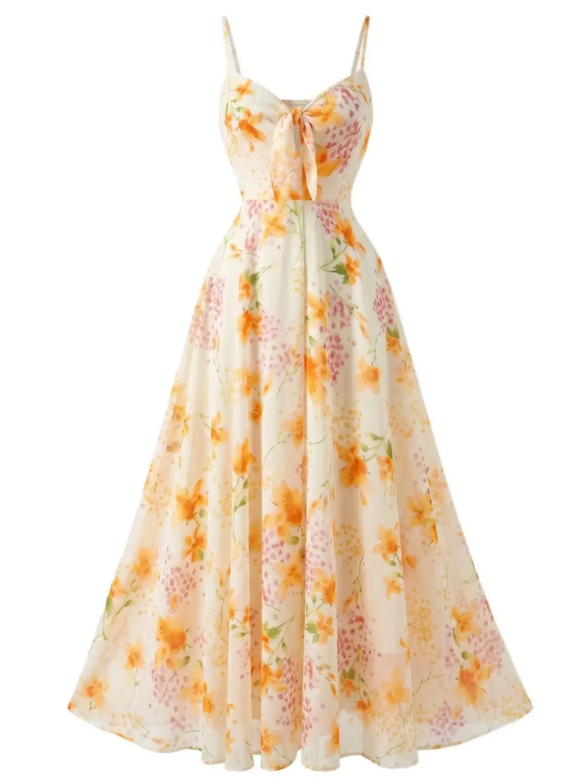 Yellow 1930s Floral V-Neck Bohemian Slip Dress women long sundresssummer dresses vacation outfits
