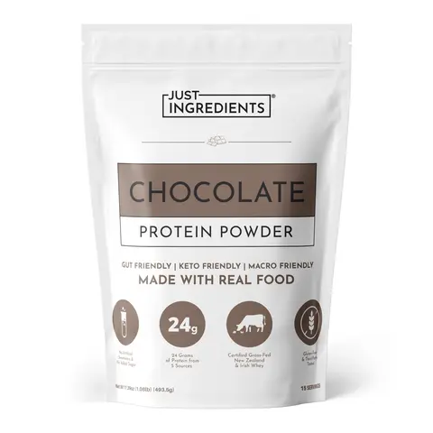 Just Ingredients Chocolate Protein Powder - 15 Servings - Supports Muscle Recovery & Energy* - Grass-Fed Whey & Organic Plant Proteins - 24g of Protein Per Serving - Gluten-Free - Made with Real Food - No Added Sugar - No Artificial Flavors or Dyes