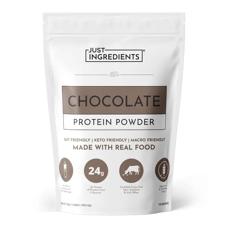 Just Ingredients Chocolate Protein Powder - 15 Servings - Supports Muscle Recovery & Energy* - Grass-Fed Whey & Organic Plant Proteins - 24g of Protein Per Serving - Gluten-Free - Made with Real Food - No Added Sugar - No Artificial Flavors or Dyes