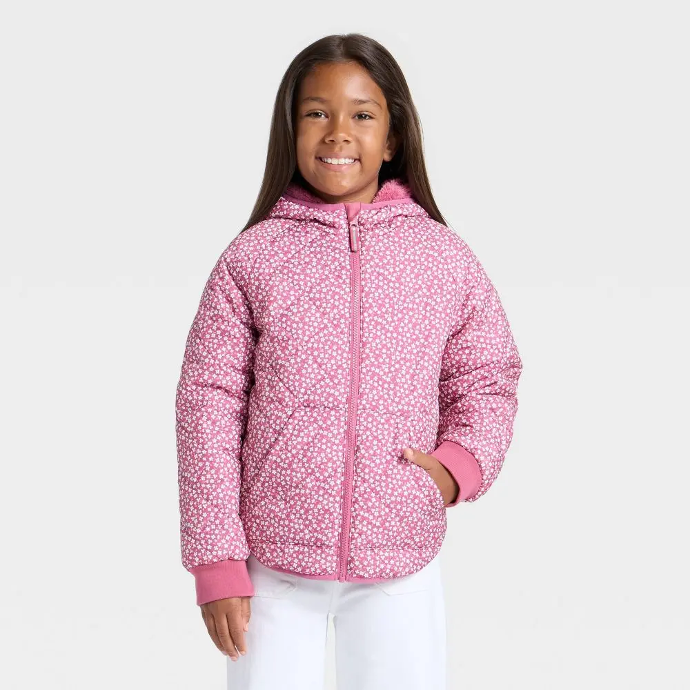 Girls' Floral Printed Hooded Reversible Puffer - Cat & Jack