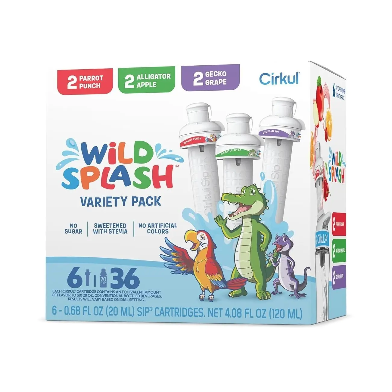 Cirkul Wild Splash Stevia Flavor Water Variety Pack, Makes 36 Drinks, No Sugar, Zero Calorie Drink Mix, (2 Parrot Punch, 2 Alligator Apple, 2 Gecko Grape)