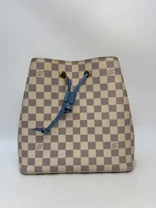 Pre-owned Louis Vuitton canvas Tote Bags NeoNoe MM Bucket Bag in white Damier blue strap KY02580 (bf 123）
