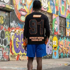 SnowDay Long-sleeve Flame Jersey with Bold Number 91 and Slogan 'Defrost Before Taking Off'