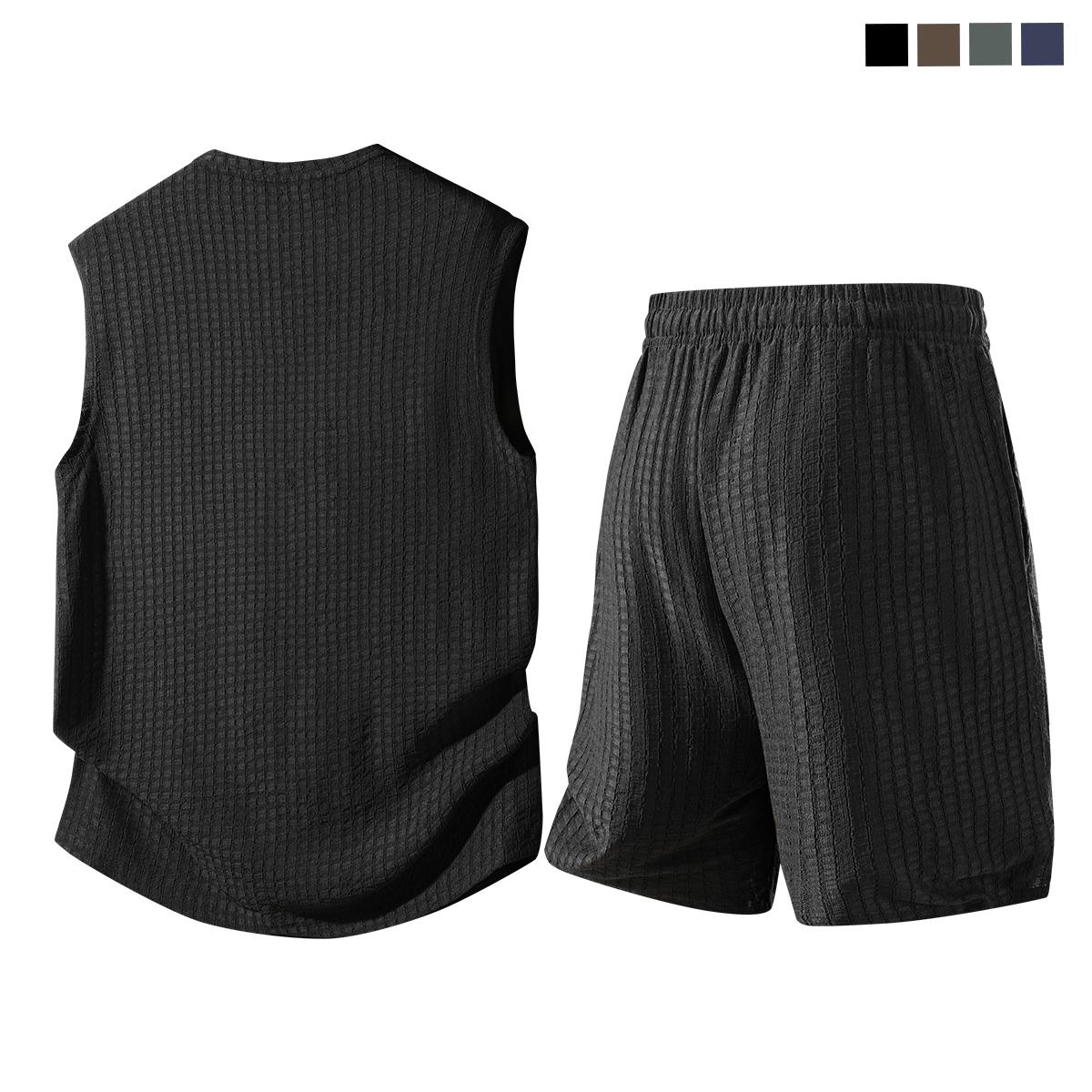 Men's 2-Piece Plain Waffle Knit Sports Clothing Set - Sleeveless Round Neck Tank Top, Elastic Waist Drawstring Casual Shorts, Breathable Comfortable Summer Apparel for Workout, Daily Wear, Two Piece Set Men's 2-Piece Plain Waffle Knit Sports Clothing Set - Sleeveless Round Neck Tank Top, Elastic Waist Drawstring Casual Shorts, Breathable Comfortable Summer Apparel for Workout, Daily Wear, Two Piece Set