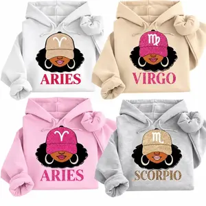 [Full 12 Zodiac] Zodiac Vibes Hoodie – Afro Woman Astrology Sign Pullover with Sparkly Hat Graphic, Unisex Horoscope Crewneck Gift for White, Sand, Grey Sport, Pink Color