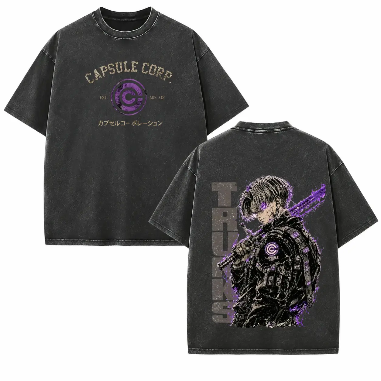 Men's Oversized Vintage Washed Heavy Cotton Unisex DBZ Anime Capsule Corp Future Trunks Graphic Tee - Streetwear for Anime Fans Casual Everyday Wear
