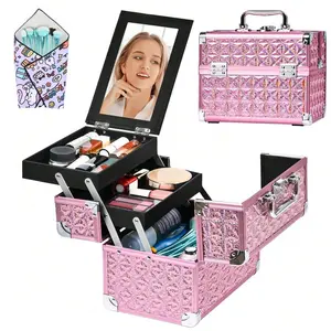 Makeup Train Case Portable with Mirror 2-Trays Cosmetic Organizer Nail Polish Travel Box for Salon Barber Travel Essentials Pink Design