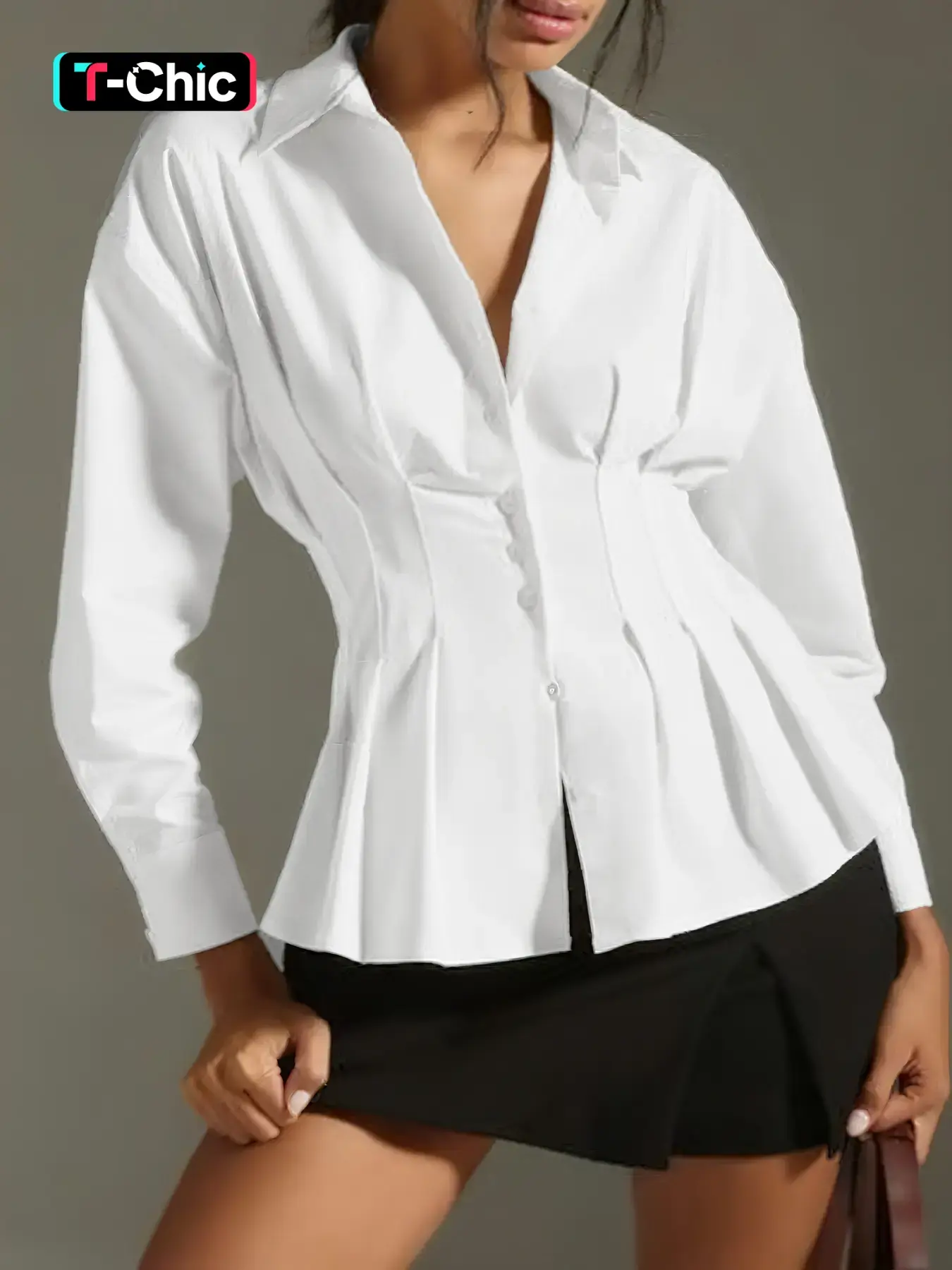 Women's Slim-Fit Wrinkle Waist Long Sleeve Woven Shirt Blouse, Casual Fitted Collared, Stylish Chic Casual Comfortable Wear, Fashionable Tops, Perfect Fit, Ideal for Daily Wear, Casual Classy Top