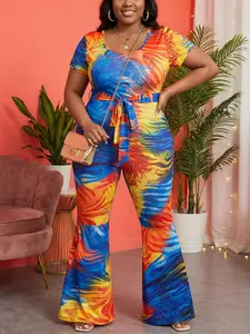 Plus Size Print Jumpsuit Short Sleeve Waist Belt Flare Pants, Casual Vacation Daily Wear Women's Fashion Comfortable Outfits
