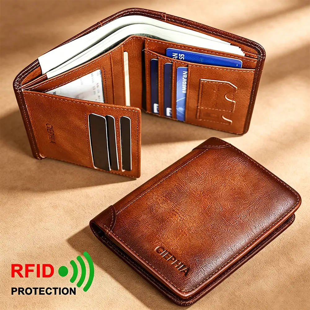 CIEPHIA Genuine Leather Rfid Wallets for Men Vintage Style 11 Card Slots & 7 Card Slots Optional RFID Blocking Protection Bifold Wallet for Man Short Multi Function ID Credit Card Holder Money Bag Ideal Gift