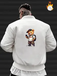 Men's one-piece fleece baseball jacket with a fun and cute teddy bear phone-watching print, stylish and versatile