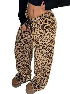 Leopard Print Fuzzy Wide Leg Loungewear Pants - Soft Warm Fluffy Sleep Pants for Cozy Home & Casual Out