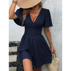 PlungingNeckButterflySleeveRuchedWaistDressCasualFabricShortsleeveWomenswear