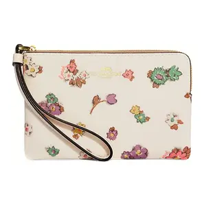 COACH Corner Zip 16 Floral Print Faux Leather Wristlet Clutch Bag for Women, Small Size, White