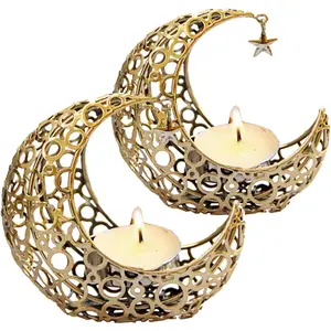 Moon Tea Light Candle Holder, Gold Metal Candle Stand for Home Decor, Dining Table, Living Room, Coffee, Table Centerpiece(2Pcs)