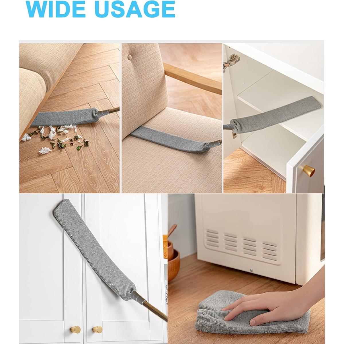 Under Appliance Gap Duster with Extendable Pole, Microfiber Flat Cleaner for Hard to Reach Areas Cleaning Tool