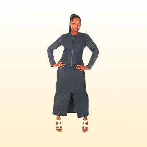Blue jean denim Jacket with long skirt and studs on the jacket and sleeves