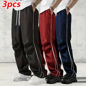 Men's Fashion Casual Pants Set - 3 Pack, Trendy Street Style Joggers with Side Stripe Drawstring Waistband, Lightweight Comfortable Straight-Leg Pants for Spring & Outdoor Activities