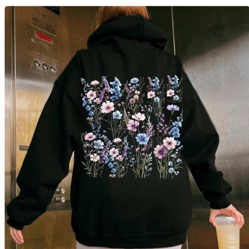 Women's Blue purple Wildflower Hoodie Graphic Hoodie - Cotton Blend Black Long Sleeve Pullover Regular Fit | Soft & Breathable Fabric, Durable Print, Everyday Comfort, Machine Washable, floral print hoodie elevator interior
