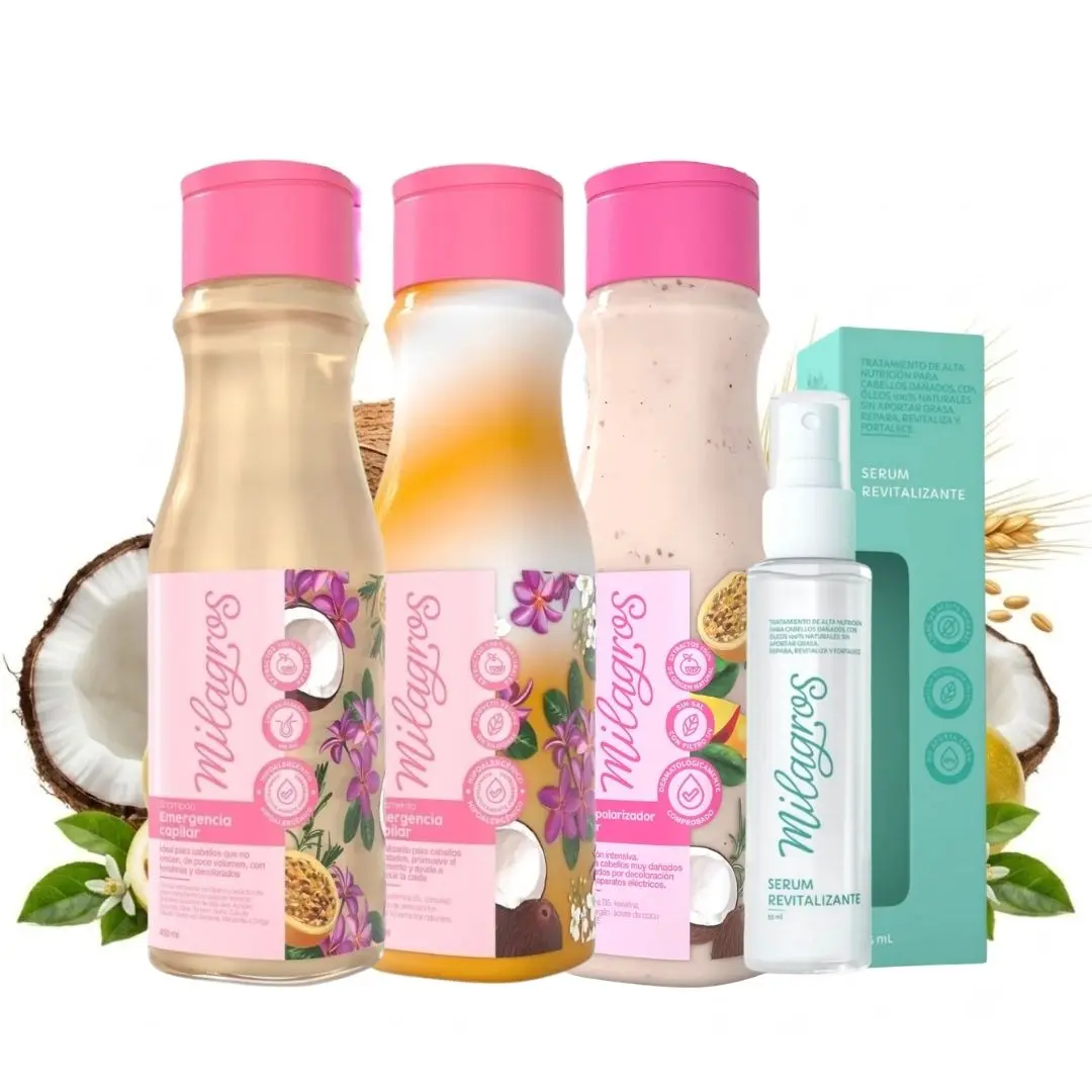 Milagros 4-Pack Hair Repair & Hydration Kit - 450ml Capillary Emergency Shampoo, 450ml Capillary Biorepolarizer, 55ml Revitalizing Serum for Restore, Hydrating, Smoothing Haircare Needs, Repairing, Dry, Moisturizer, Hair Glow
