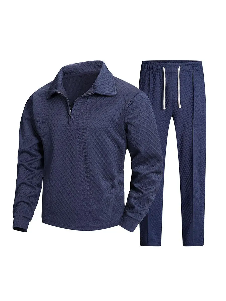 Men’s 2-Piece Business Casual Tracksuit Set - Diamond Grid Waffle Jacquard Half-Zip Lapel Long-Sleeve Top, Elastane-Polyester Blend Elastic Drawstring Straight-Leg Textured Pants, Soft Lightweight Breathable Loose Fit for Daily Office, Leisure
