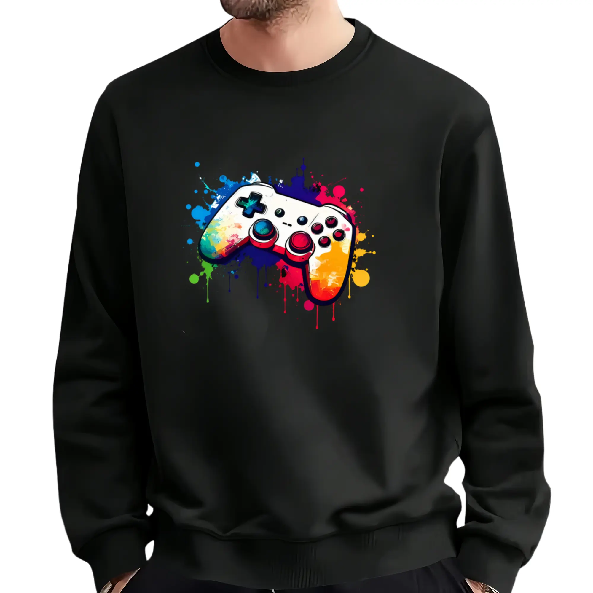 Men's Gamer Graphic Print Sweatshirt, Soft Long Sleeve Crewneck Top, Cozy Layer with Video Game Controller Design