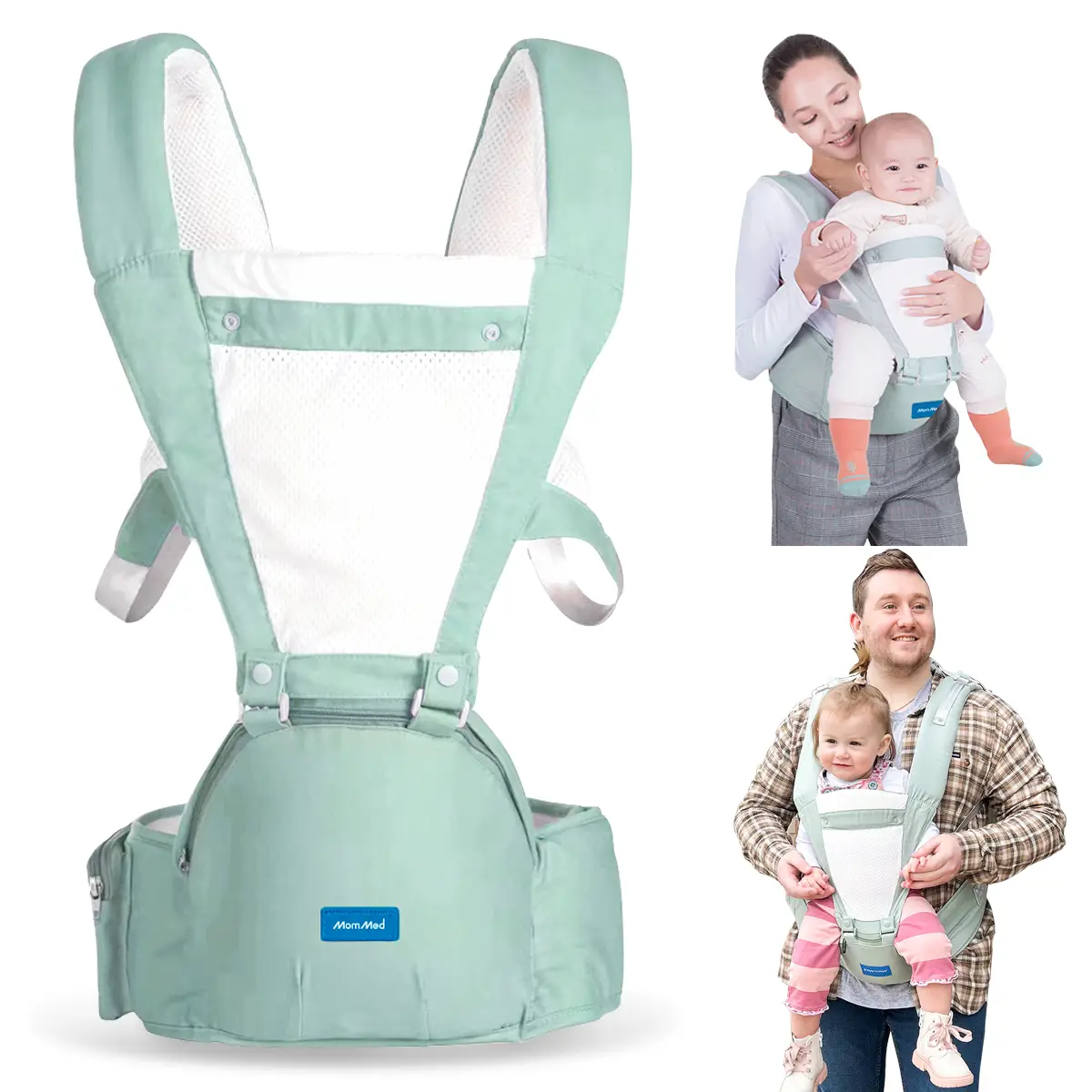 MomMed Ergonomic Infant Carrier with Hip Seat Kangaroo Bag Soft Newborn to Toddler 7-45lbs Front and Back Baby Holder Carrier for Men/Women Dad Mom