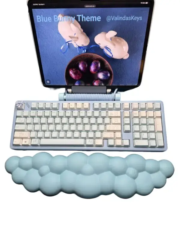 Blue Bunny Theme Mechanical Keyboard Full Set - Great Blue Desk Mat, Wrist Rest, Fidget Pad, 100% Quality Aluminum Base, Artisan Keycaps, with Base
