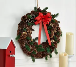 Ebenezer & Co. 18" Pinecone & Greenery Wreath with Red Bow