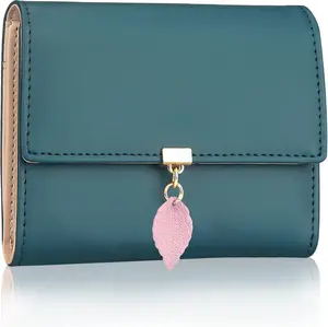 RFID Wallets for Women, Leaf Card Holder Trifold Ladies Wallets  Zipper Pocket with ID Window Small Teal Blue