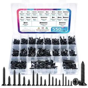 550 count 304 Stainless Steel  Screws  Kit, Phillips Flat  Sheet Metal Screws Self Tapping Screws Set, #4#6#8#10#12   Screw (Black-Flat  550 count)