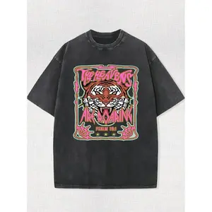 Unisex Washed Vintage Roaring Tiger Pattern T-Shirt - Vintage style streetwear T-shirt, printed with "Roaring" and the Bible verse "Psalm 19:1", ultra-soft distressed effect, casual crew neck design