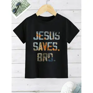 Jesus Saves Brother Christian T-Shirt Religious Apparel Featuring Jesus Saves And Scripture Design Short Sleeve Round Neck Church Clothing Perfect For Easter VBS Sunday Comfortable Casual Faith Based Clothing For Boys